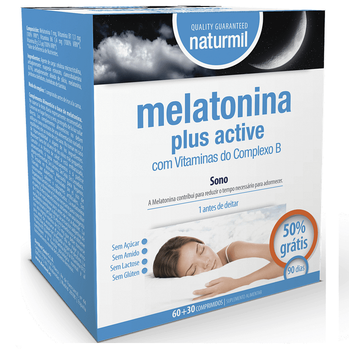 Melatonina Plus Active, sem açúcar, sem amido, sem glúten, sem lactose