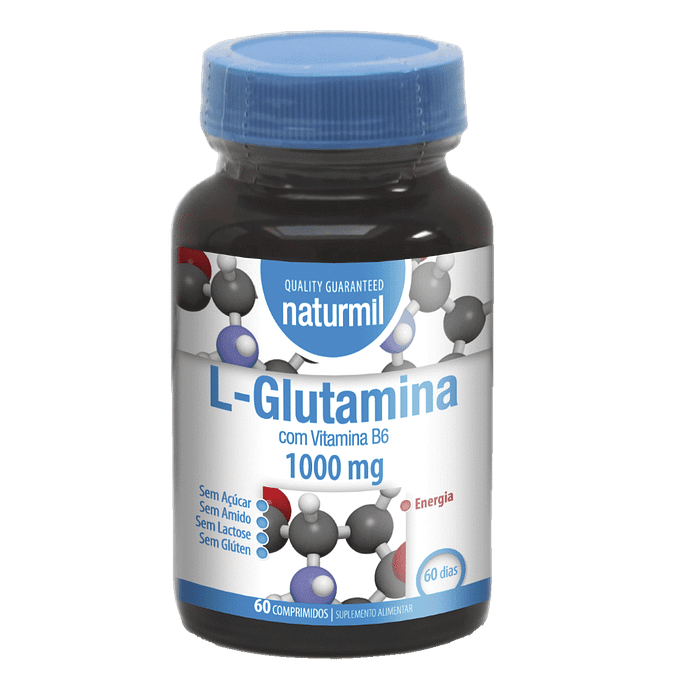 L-Glutamina 1000mg, sem açúcar, sem amido, sem glúten, sem lactose
