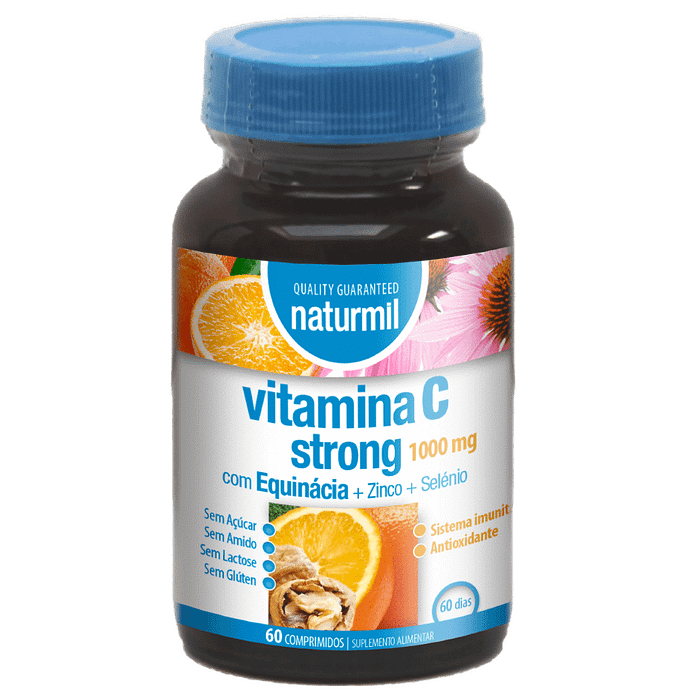 Vitamina C Strong 1000mg, suplemento alimentar sem açúcar, sem amido, sem glúten, sem lactose