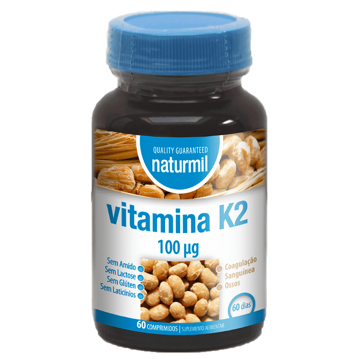 Vitamina K2 100µg, suplemento alimentar sem amido, sem glúten, sem lactose