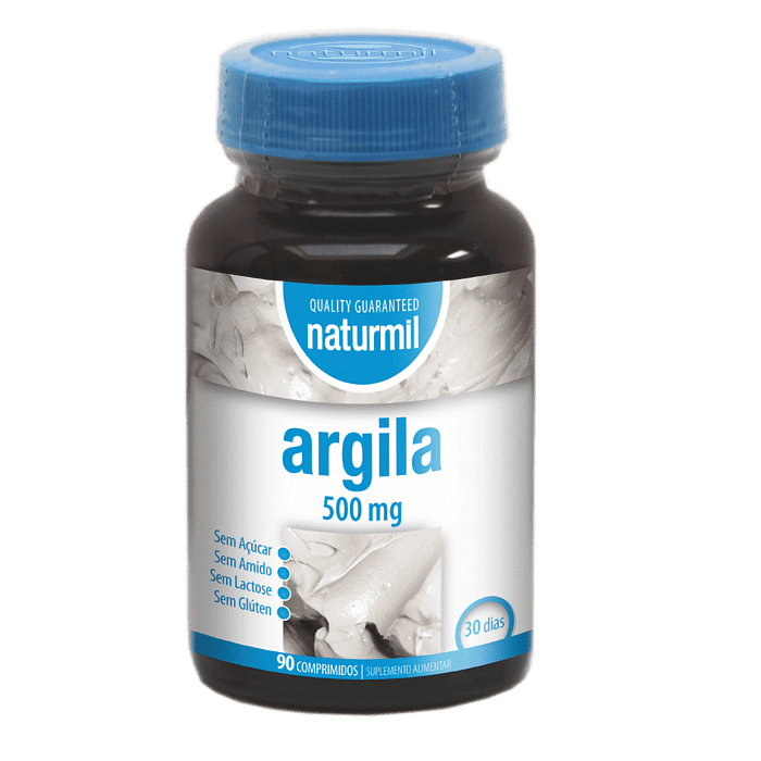 Argila 500mg, suplemento alimentar sem açúcar, sem amido, sem glúten, sem lactose, vegan