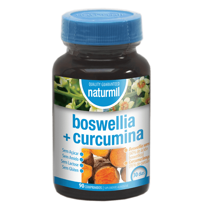 Boswellia + Curcumina, suplemento alimentar sem açúcar, sem amido, sem glúten, sem lactose, vegan