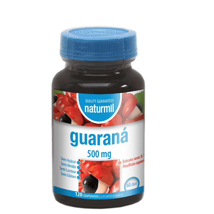 Guaraná 500mg, suplemento alimentar sem açúcar, sem amido, sem glúten, sem lactose, vegan
