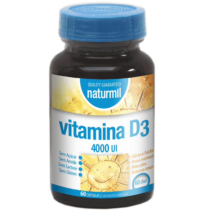 Vitamina D3 4000UI, suplemento alimentar sem açúcar, sem amido, sem glúten, sem lactose