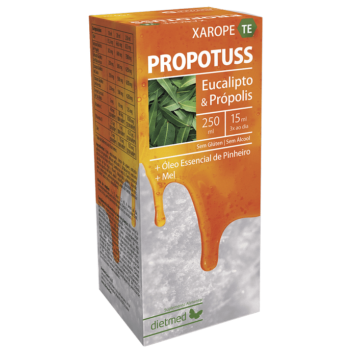 Propotuss Xarope TE, suplemento alimentar sem álcool, sem amido, sem glúten, sem lactose