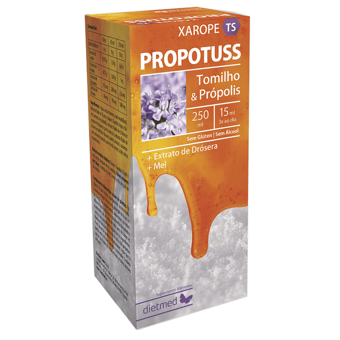 Propotuss Xarope TS, suplemento alimentar sem álcool, sem amido, sem glúten, sem lactose