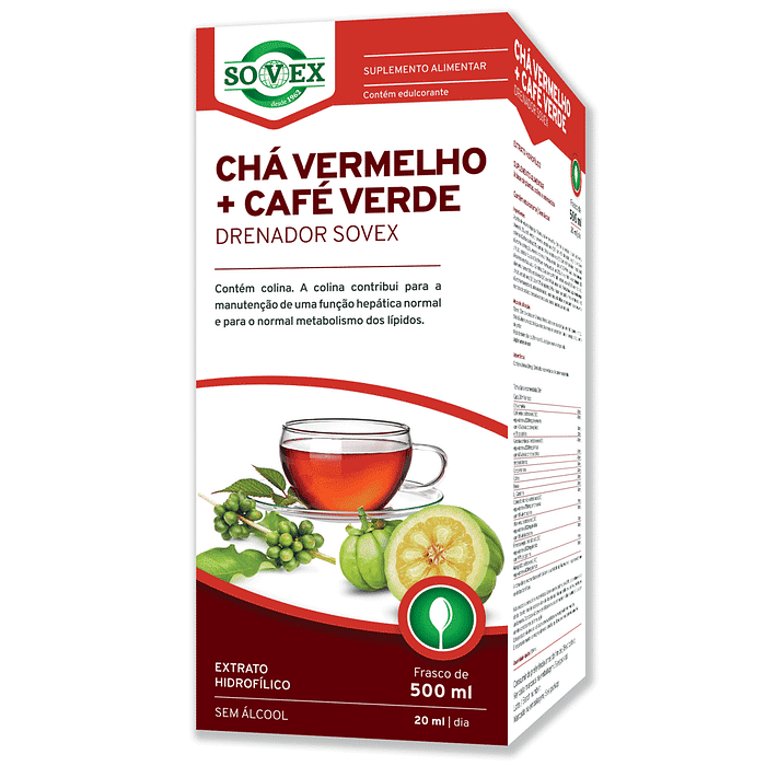 Chá Vermelho + Café Verde Drenador Sovex, suplemento alimentar sem álcool