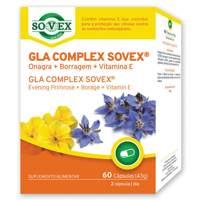 GLA Complex Sovex Onagra + Borragem + Vitamina E, suplemento alimentar sem glúten, sem lactose