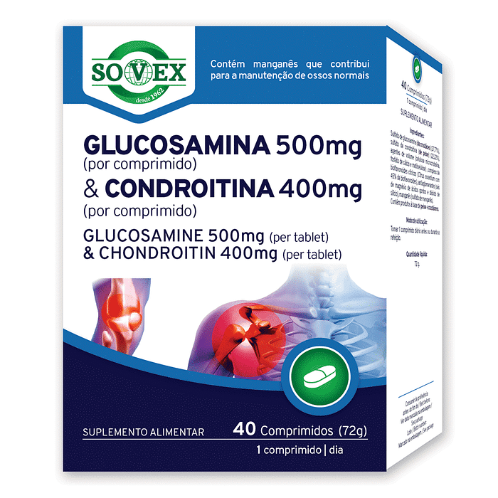 Glucosamina 500 mg & Condroitina 400 mg, suplemento alimentar sem glúten, sem lactose