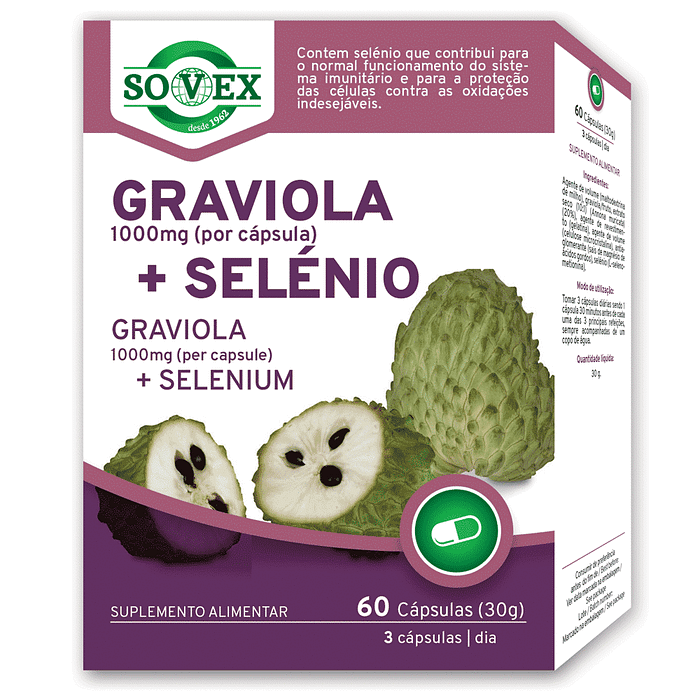Graviola 1000 mg + Selénio, suplemento alimentar sem glúten, sem lactose