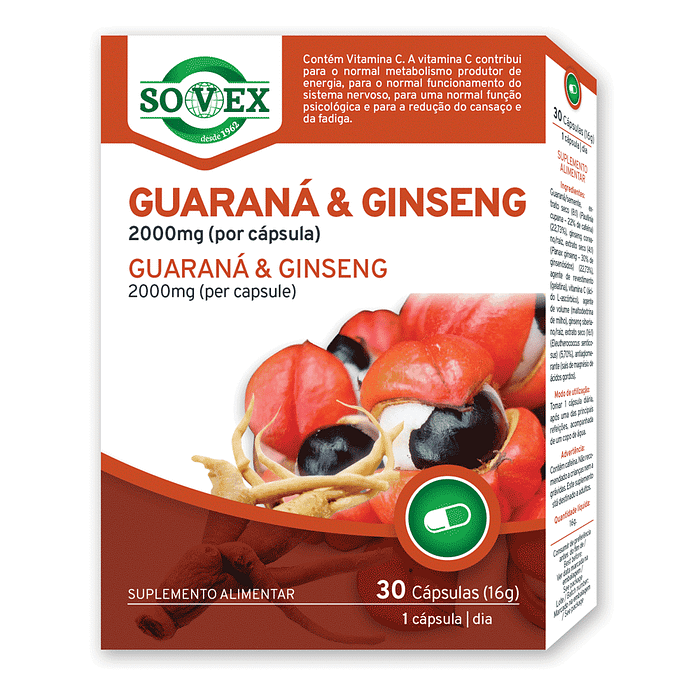 Guaraná e Ginseng 2000 mg, suplemento alimentar sem glúten, sem lactose