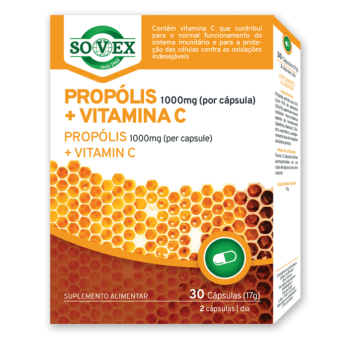 Propólis 1000 mg + Vitamina C, suplemento alimentar sem glúten, sem lactose