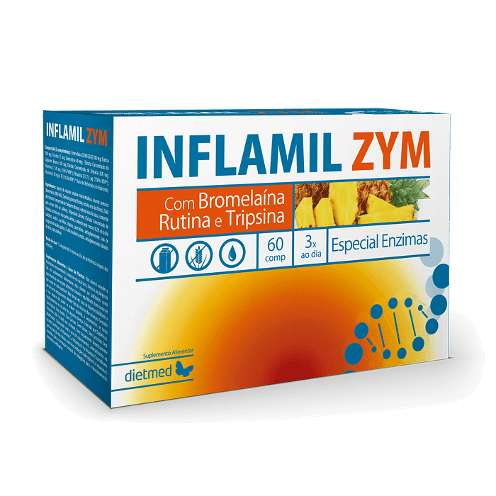Inflamil Zym, suplemento alimentar sem açúcar, sem glúten, sem lactose
