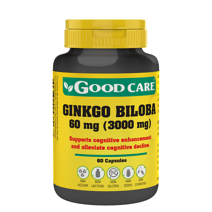 Ginkgo Biloba 60mg, suplemento alimentar sem açúcar, sem glúten, sem lactose