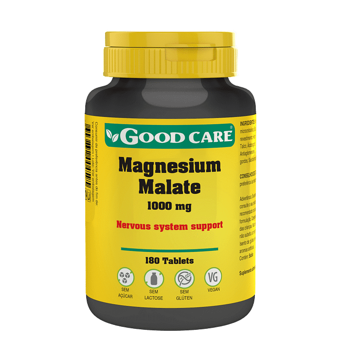 Magnesium Malate, suplemento alimentar sem açúcar, sem glúten, sem lactose, sem soja, vegan