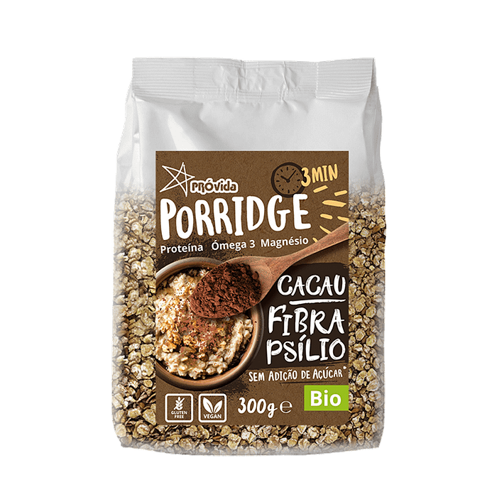 Porridge (Papas Aveia) Cacau e Fibra Psílio, biológico, sem açúcar, sem glúten, vegan