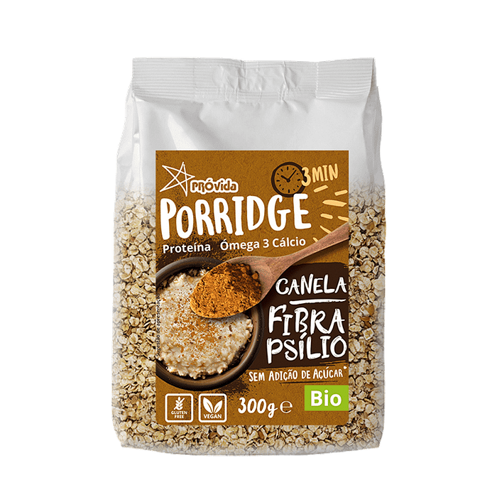 Porridge (Papas Aveia) Canela e Fibra Psílio, biológico, sem açúcar, sem glúten, vegan