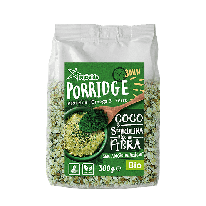 Porridge (Papas Aveia) Coco e Spirulina, biológico, sem açúcar, sem glúten, vegan