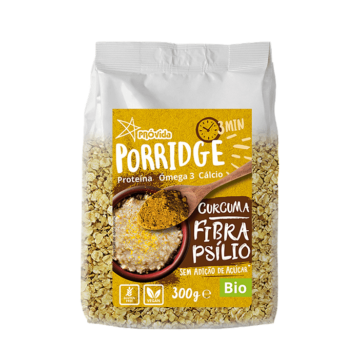 Porridge (Papas Aveia) Curcuma e Fibra Psílio, biológico, sem açúcar, sem glúten, vegan