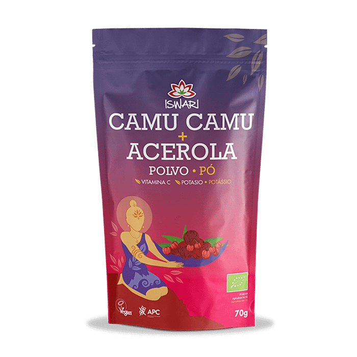 Camu Camu e Acerola em Pó, com ingredientes biológicos, sem glúten, vegan