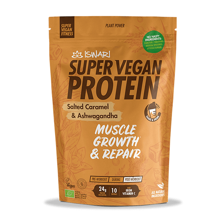 Super Vegan Protein Caramelo e Ashwagandha, com ingredientes biológicos, sem glúten