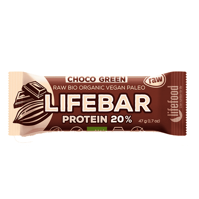 Barra LifeBar Chocolate e Proteína Verde, com ingredientes biológicos, sem glúten, vegan