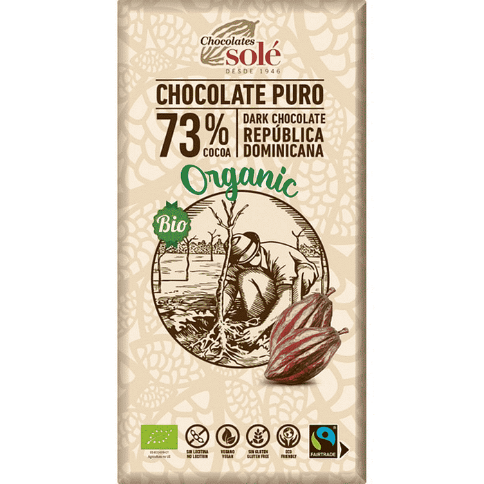Chocolate Negro 73% Cacau, com ingredientes biológicos, sem glúten, vegan