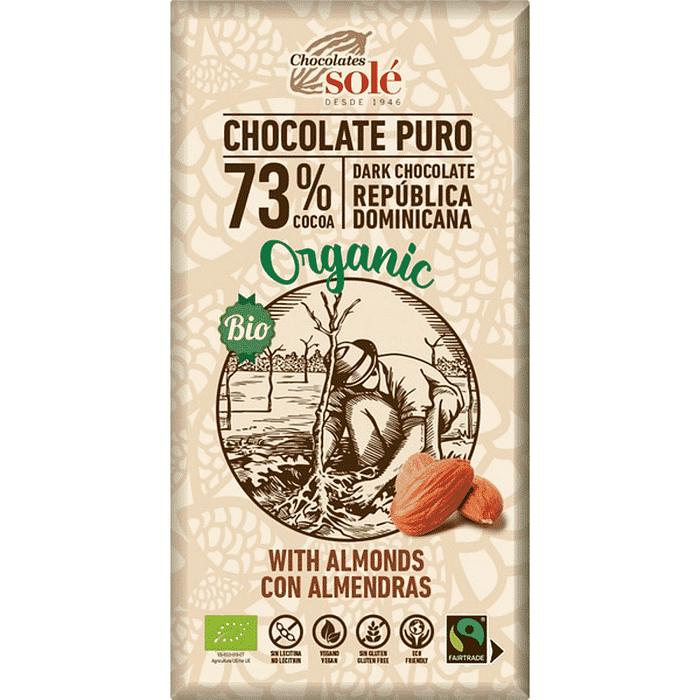 Chocolate Negro 73% com Amêndoas, com ingredientes biológicos, sem glúten, vegan