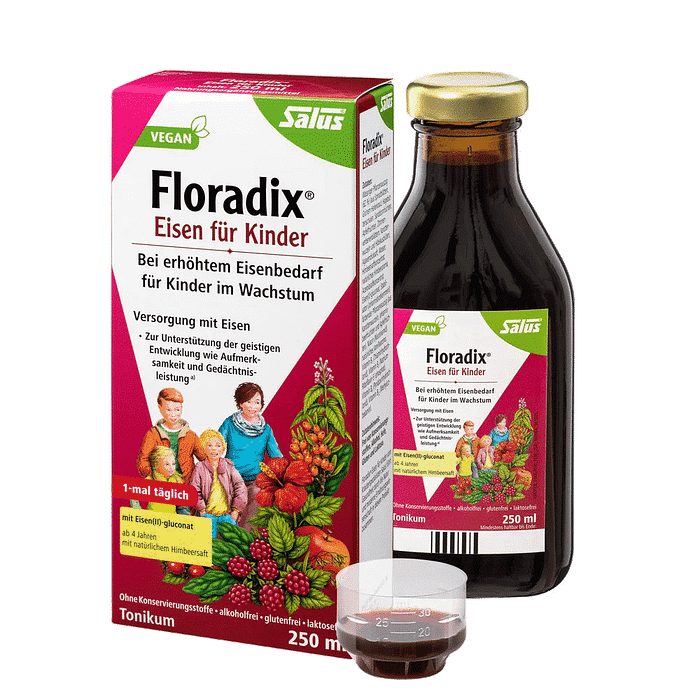 Floradix Kids, suplemento alimentar sem álcool, sem glúten, sem lactose, vegan