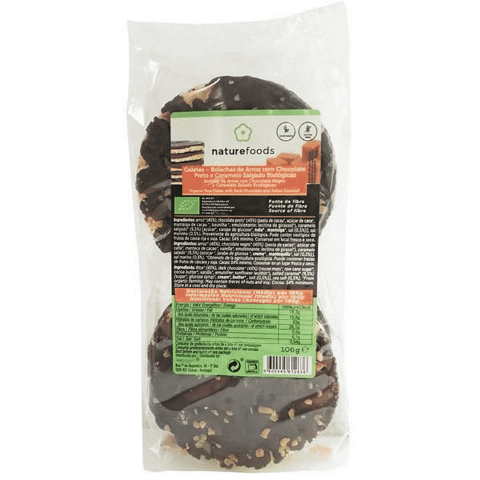 Galetes de Arroz com Chocolate Preto e Caramelo, biológico, sem glúten, vegetariano