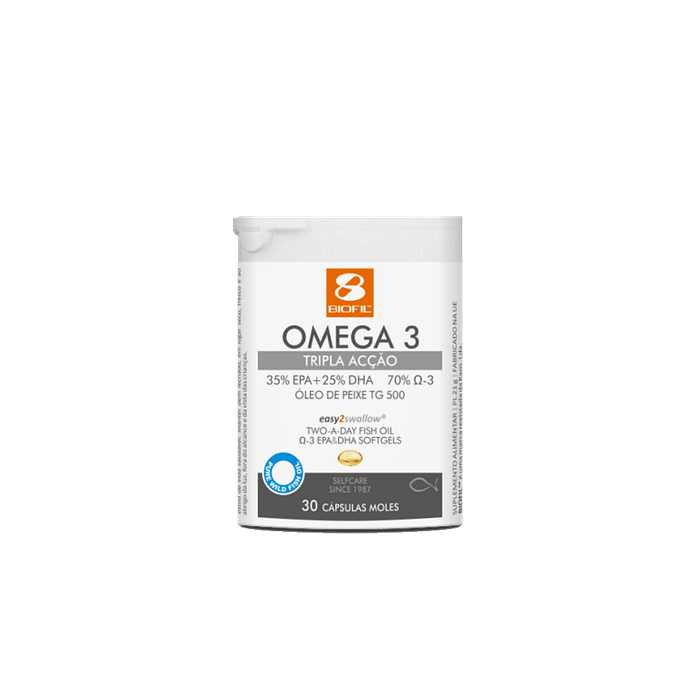 Omega-3 Tripla Ação, suplemento alimentar sem açúcar, sem glúten, sem lactose, sem sal