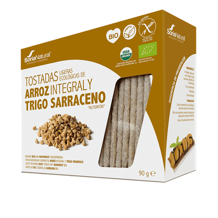Tostas de Arroz Integral e Trigo Sarraceno, com ingredientes biológicos, sem glúten, vegan