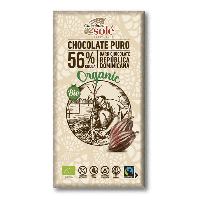 Chocolate Negro 56% Cacau, com ingredientes biológicos, sem glúten, vegan