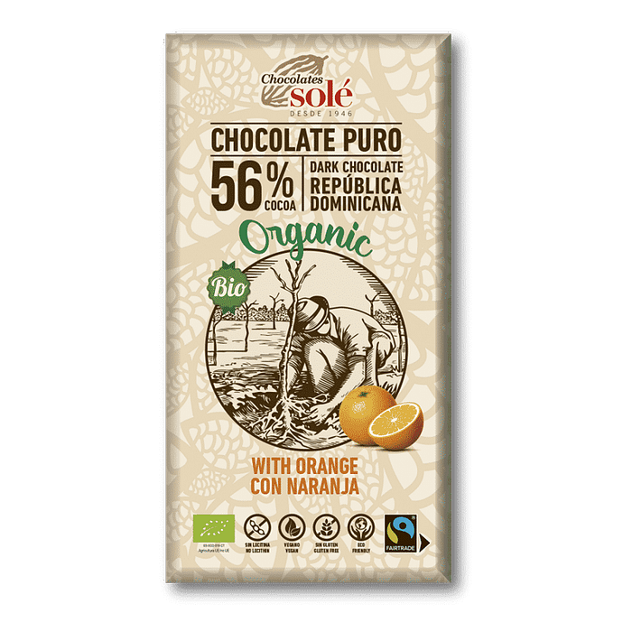 Chocolate Negro com Laranja, ingredientes biológicos, sem glúten, vegan