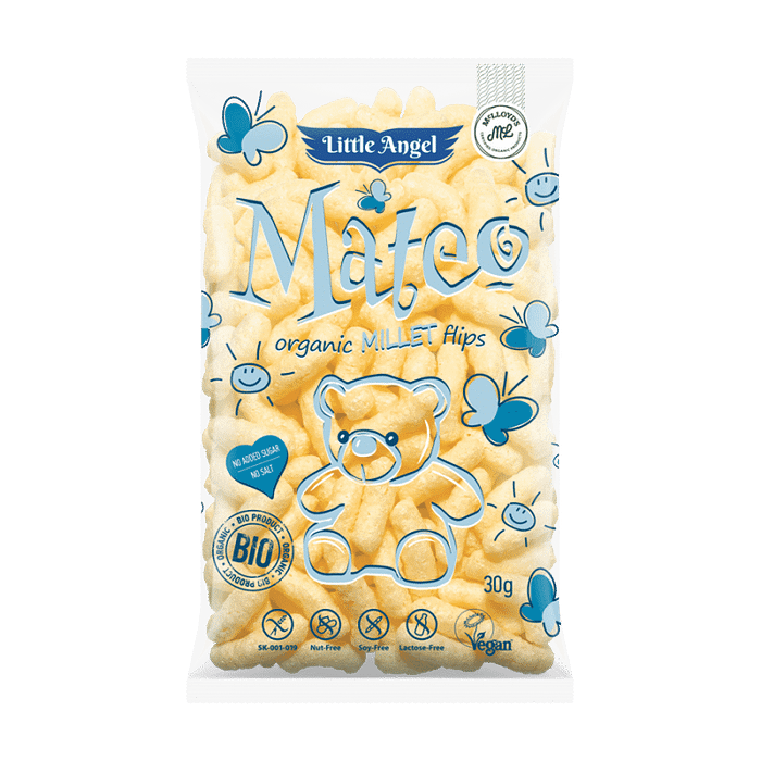 Snack Milho e Milho-Miúdo Mateo, com ingredientes biológicos, sem glúten, sem sal, sem lactose, vegan