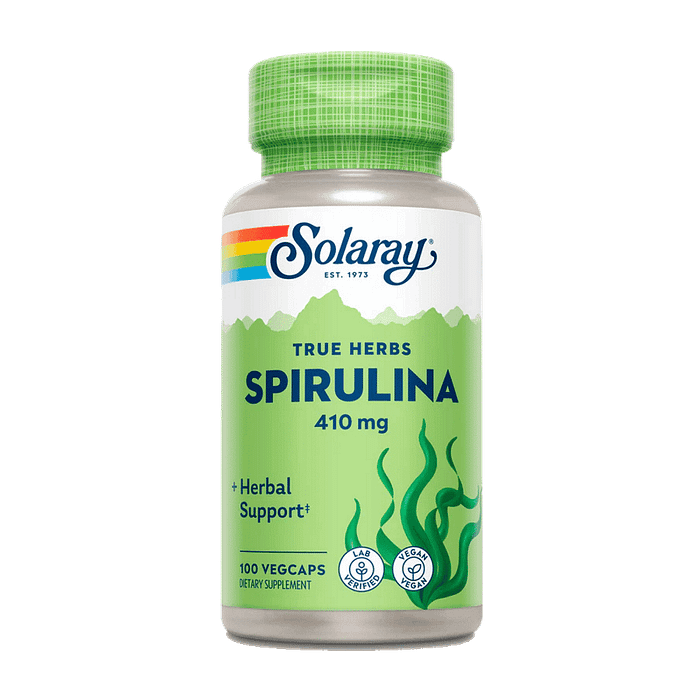Spirulina 410 mg, suplemento alimentar sem glúten, vegan