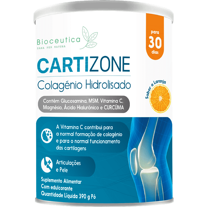 Cartizone Sabor a Laranja, contém Glucosamina, MSM, Vitamina C, Magnésio, Ácido Hilaurónico e Cúrcuma