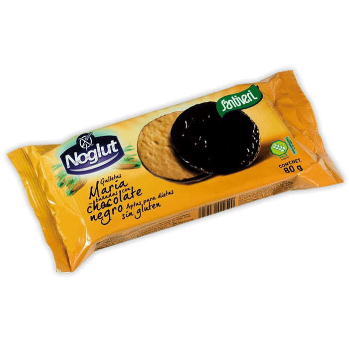 Noglut Bolachas Maria Cobertas com Chocolate Preto, sem glúten. sem ovo