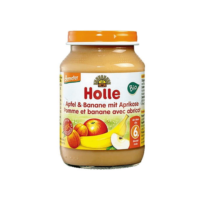 Puré de Maçã, Banana e Alperce, com ingredientes biológicos, sem glúten, sem lactose, vegan e vegetariano