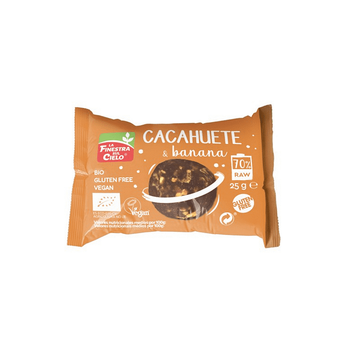 Energy Ball Amendoim e Banana com ingredientes de origem biológica, sem glúten e adequado a vegans