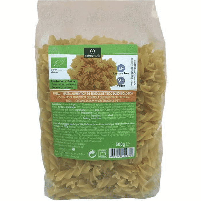 Massa Fusili Trigo Duro, com ingredientes biológicos, sem lactose, vegan