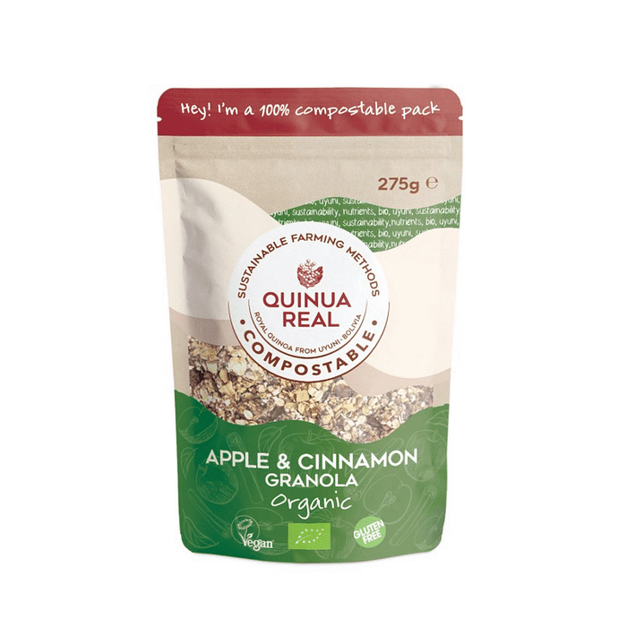 Granola de Quinoa Real Maçã e Canela adequado para vegans, sem glúten e com ingredientes biológicos