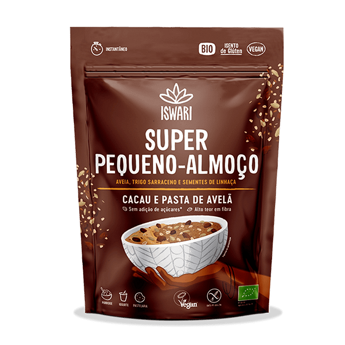 Super Pequeno Almoço Cacau e Pasta de Avelã, com ingredientes biológicos, sem glúten e adequado a vegans