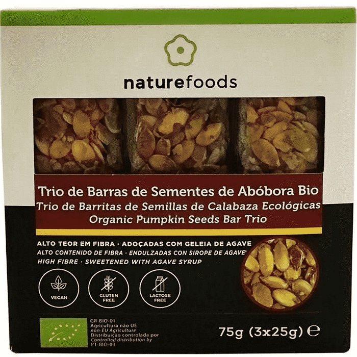 Barras de Sementes Abóbora, biológicas, sem glúten, sem lactose, vegan
