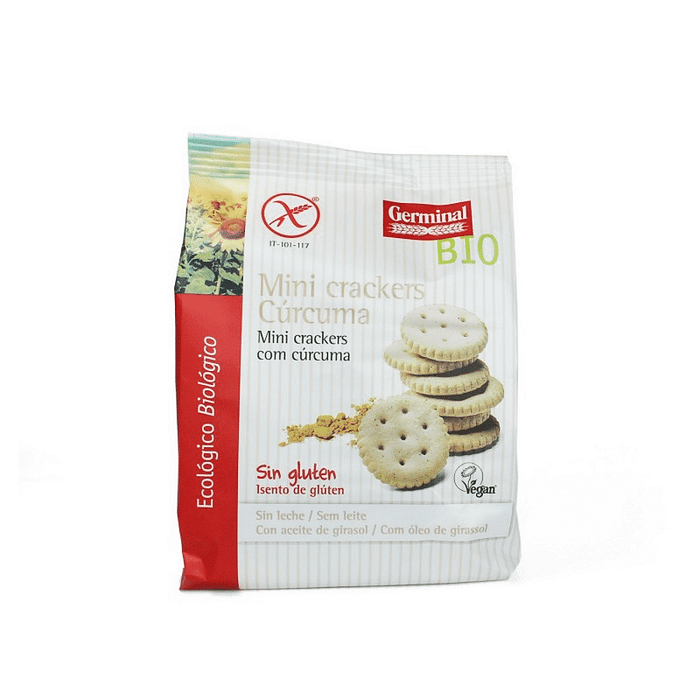 Mini Crackers com Curcuma, com ingredientes de origem biológica, sem glúten e adequado a vegans