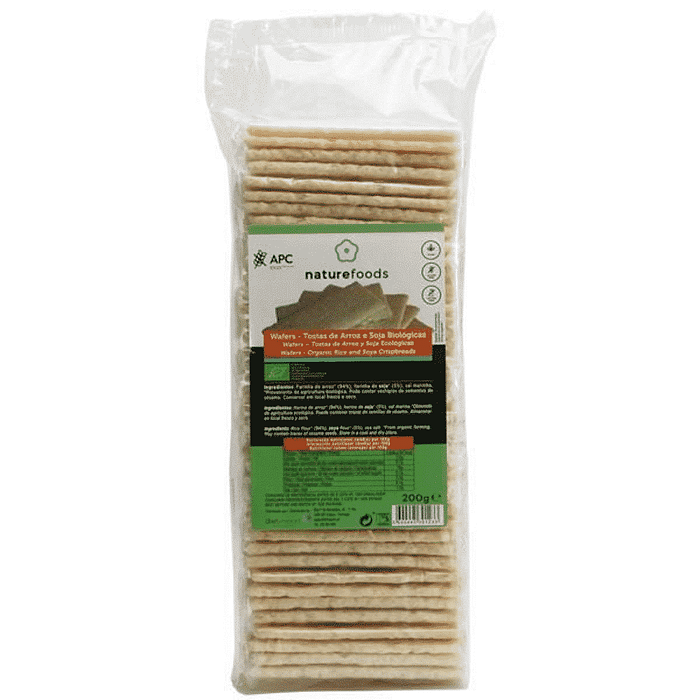 Wafers Arroz e Soja, com ingredientes biológicos, sem glúten, sem lactose, vegan