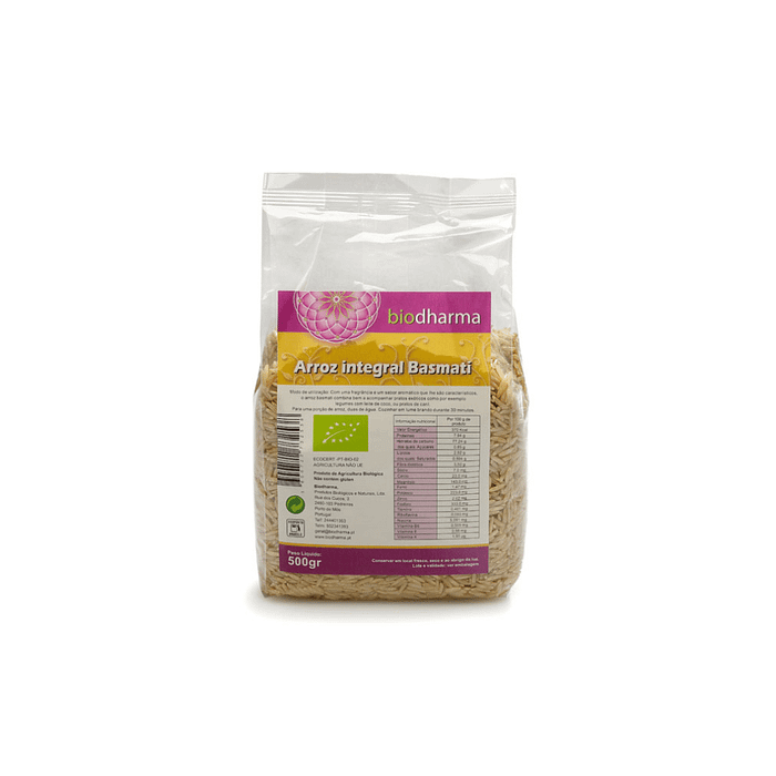 Arroz Basmati Integral, biológico, sem glúten, sem lactose, sem soja, vegan, vegetariano