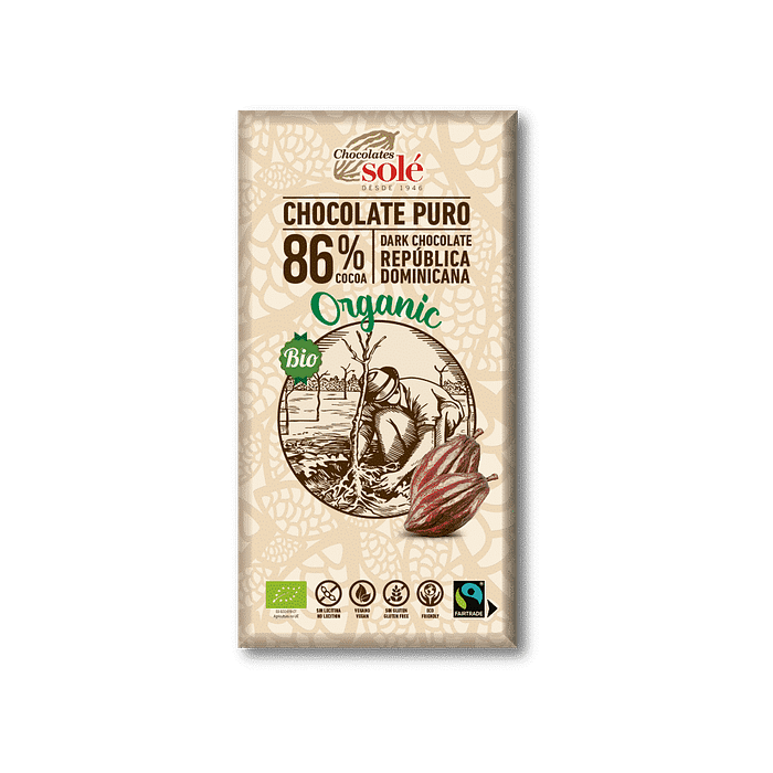 Chocolate Negro 86%, com ingredientes biológicos, sem glúten, vegan