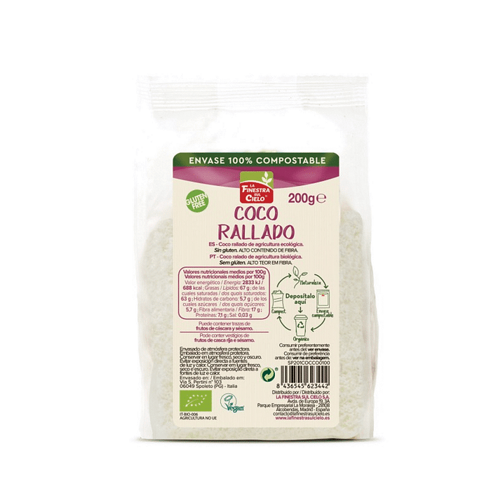 Coco Ralado biológico, sem glúten e adequado a vegans