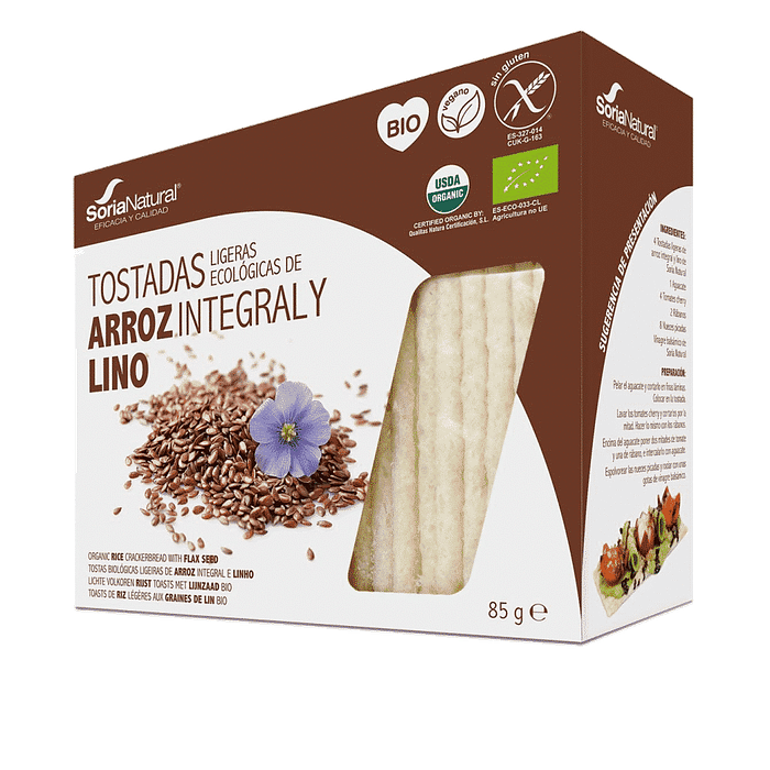 Tostas de Arroz Integral e Linhaça, com ingredientes biológicos, sem glúten, vegan